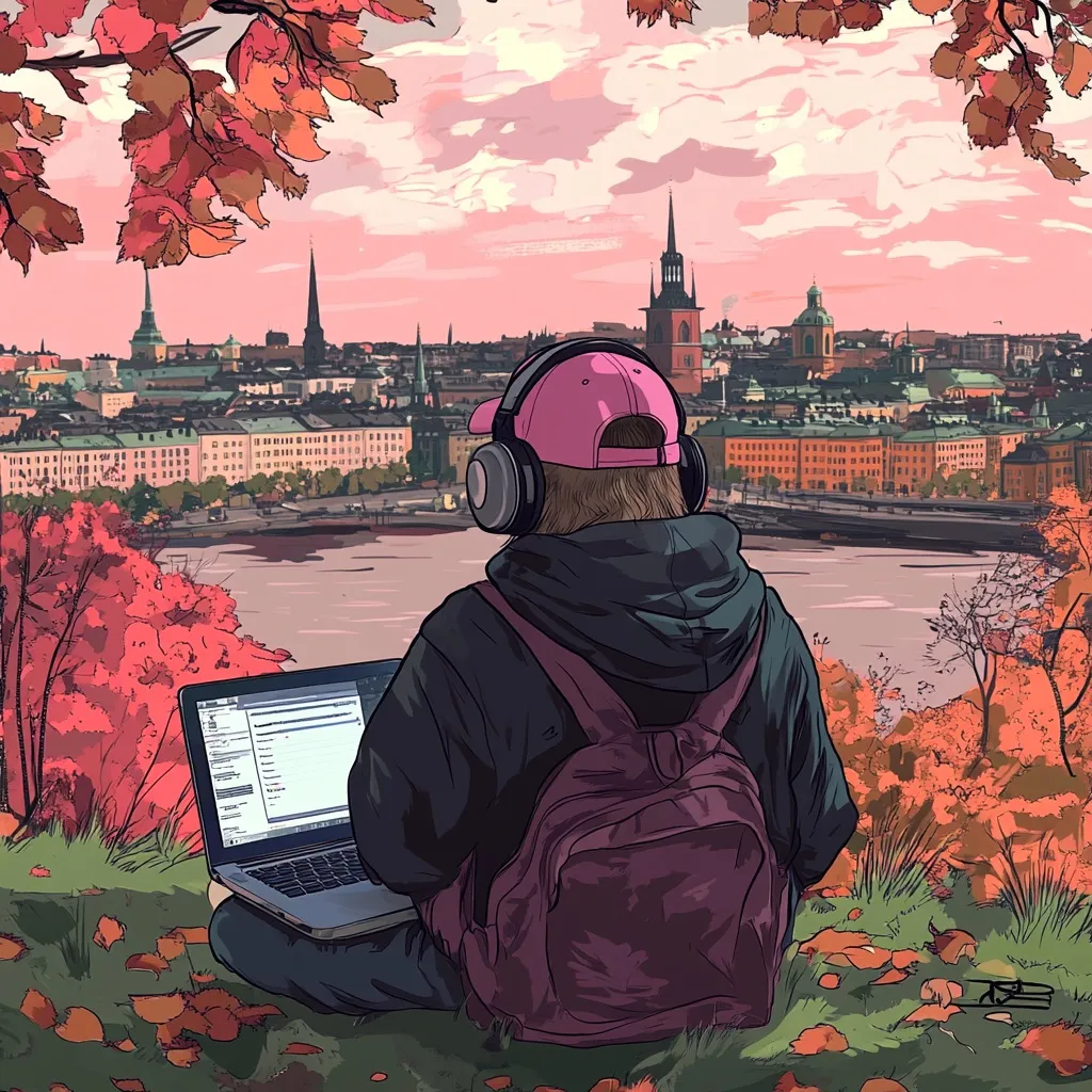 A monkey with a baseball cap and headphones coding on a laptop in a Stockholm park